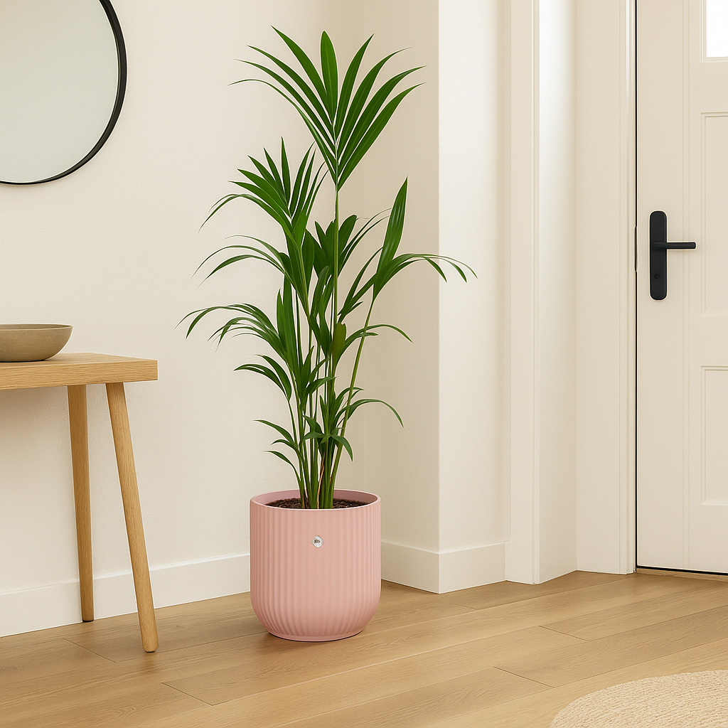 Kentia palm inclusief elho Vibes Fold Round roze - 160cm - Ø30