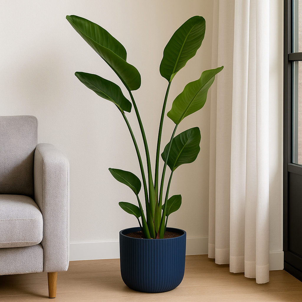 Strelitzia Nicolai inclusief elho Vibes Fold Round blauw - 130 cm - Ø18
